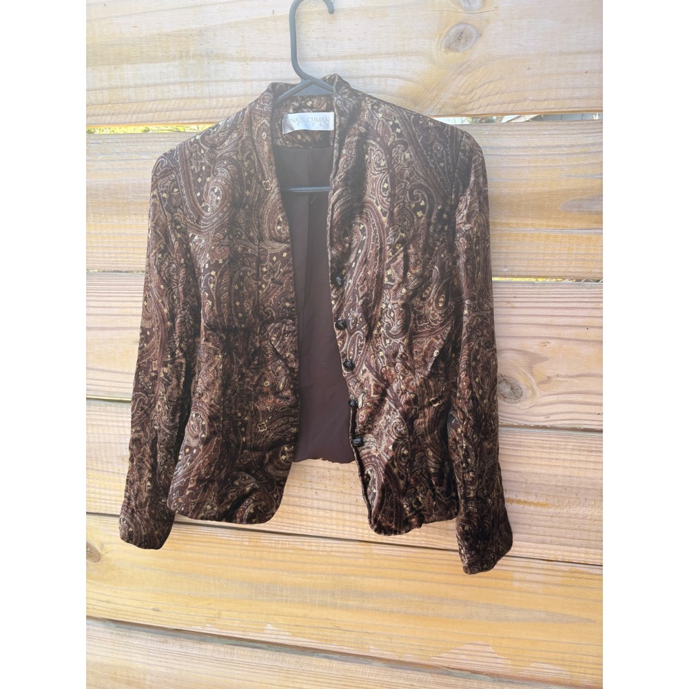 Dana Buchman Brown Paisley Viscose Velvet Blazer Jacket Size 4P Gold Rust